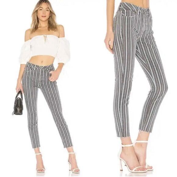 Grlfrnd Karolina Taffy Grey Blue Striped Hi Rise Crop Button Fly Jeans Womens 26 - Picture 1 of 9